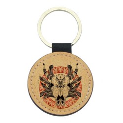 Porte-clefs cuir végan marron imprimé Crâne buffle indien bohème