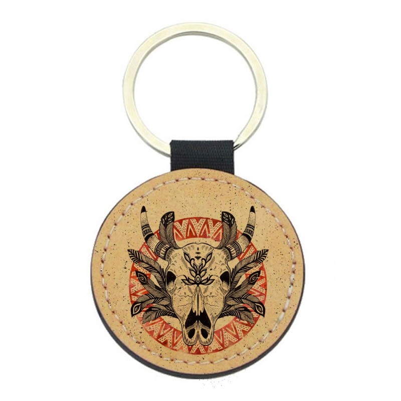 Porte-clefs cuir végan marron imprimé Crâne buffle indien bohème