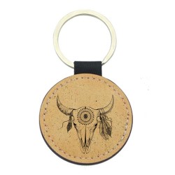 Porte-clefs cuir végan marron imprimé Crâne buffle indien bohème