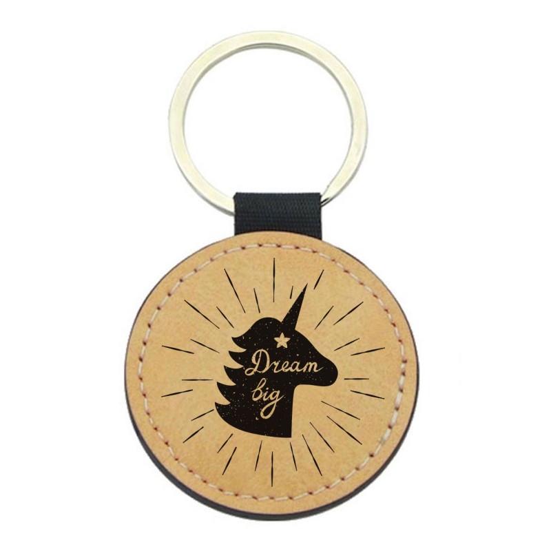 Porte-clefs cuir végan marron imprimé Licorne