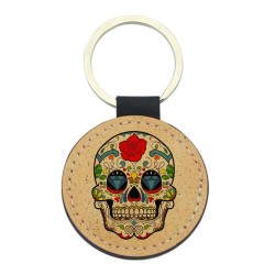 Porte-clefs cuir végan marron imprimé Tête de mort mexicaine