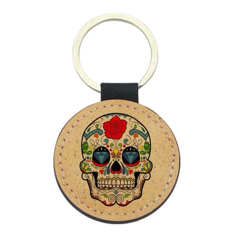 Porte-clefs cuir végan marron imprimé Tête de mort mexicaine