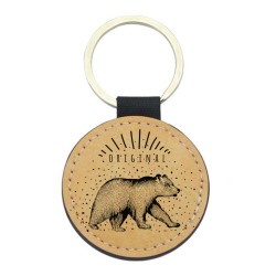 Porte-clefs cuir végan marron imprimé Ours