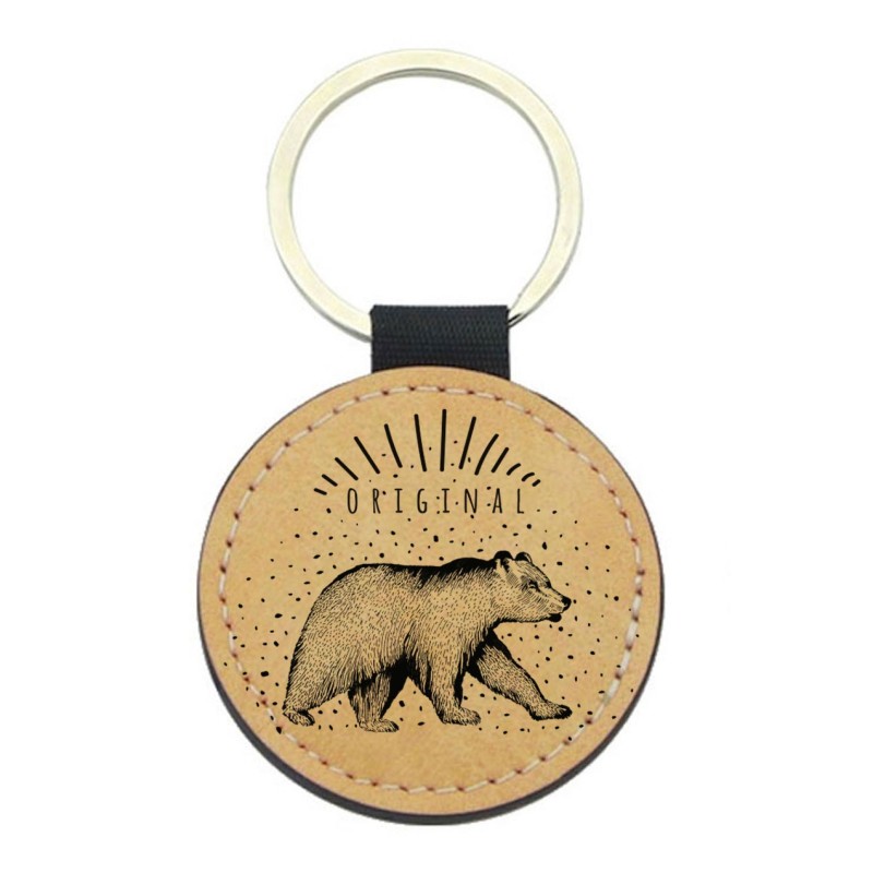 Porte-clefs cuir végan marron imprimé Ours