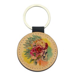Porte-clefs cuir végan marron - Cadeau - imprimé tête de mort indien