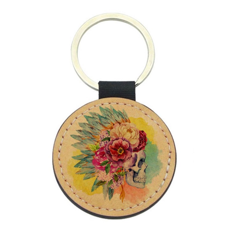 Porte-clefs cuir végan marron - Cadeau - imprimé tête de mort indien