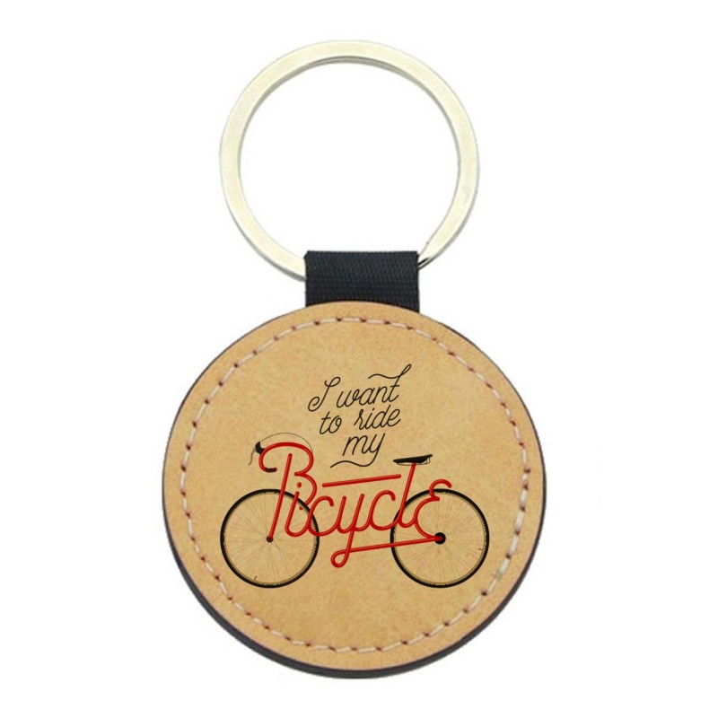 Porte-clefs cuir végan marron - Cadeau - imprimé vélo