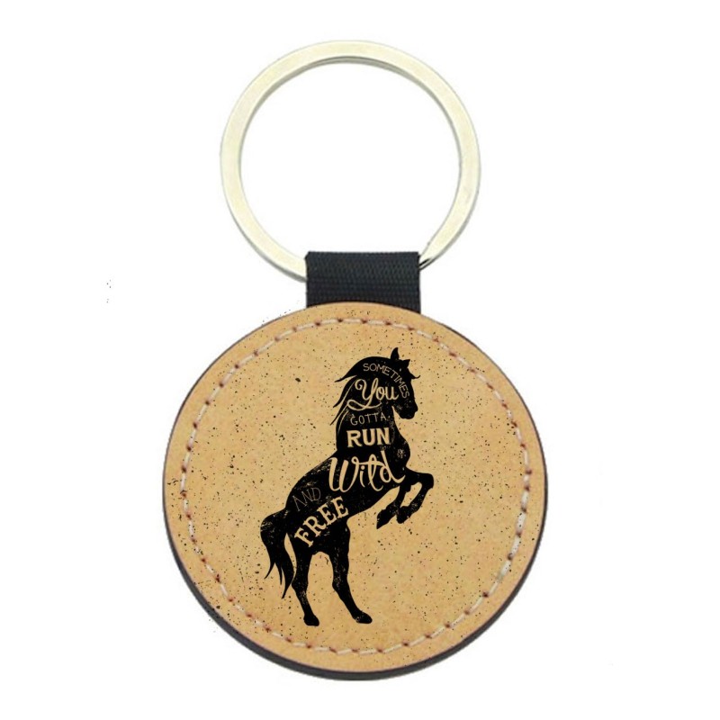 Porte-clefs cuir végan marron - Cadeau - imprimé cheval