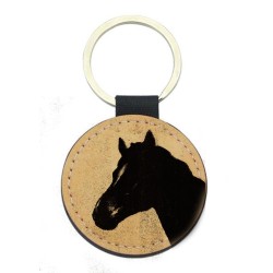 Porte-clefs cuir végan marron - Cadeau - imprimé cheval