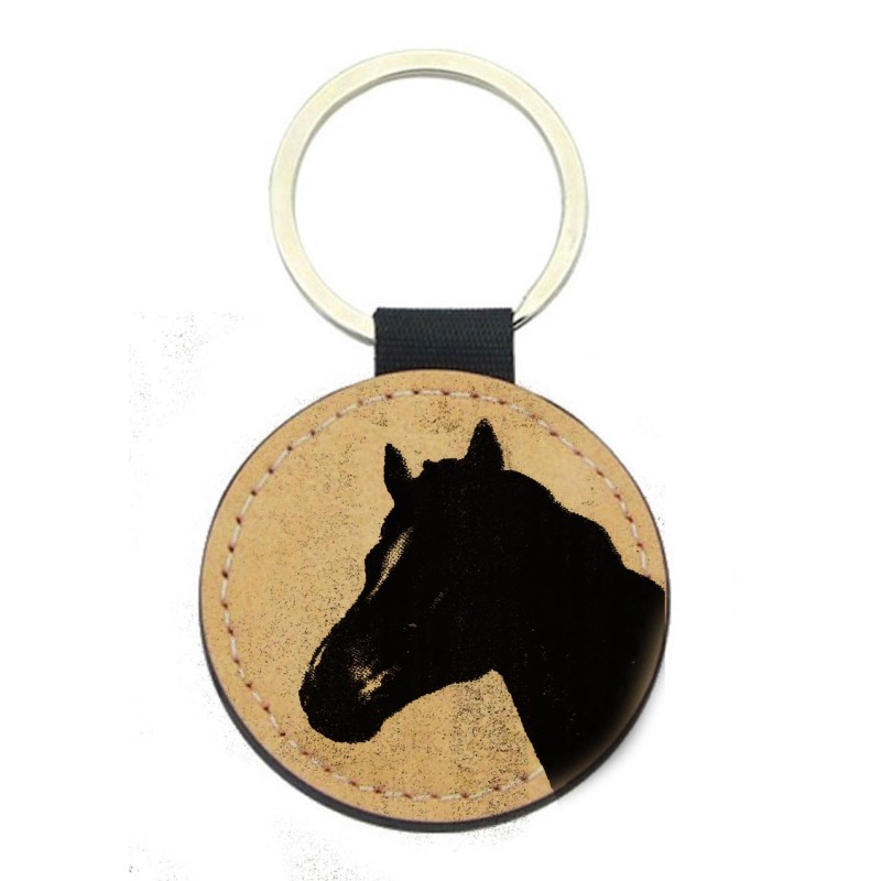Porte-clefs cuir végan marron - Cadeau - imprimé cheval