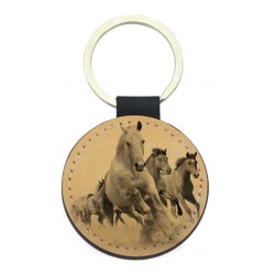 Porte-clefs cuir végan marron - Cadeau - imprimé cheval