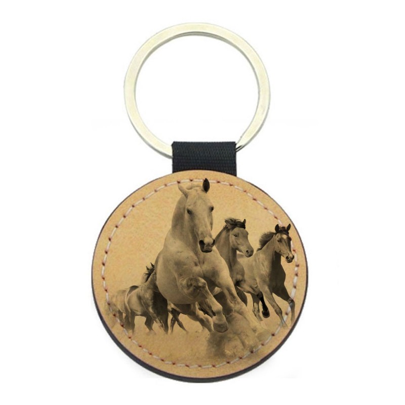 Porte-clefs cuir végan marron - Cadeau - imprimé cheval