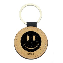 Porte-clefs cuir végan marron - Cadeau - imprimé smiley smile