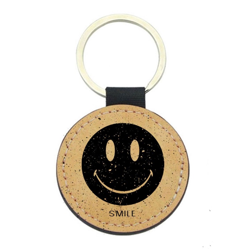 Porte-clefs cuir végan marron - Cadeau - imprimé smiley smile