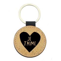 Porte-clefs cuir végan marron - Cadeau - imprimé Coeur je t'aime