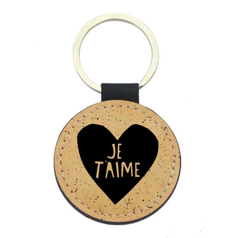 Porte-clefs cuir végan marron - Cadeau - imprimé Coeur je t'aime