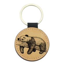 Porte-clefs cuir végan marron - Cadeau - imprimé panda