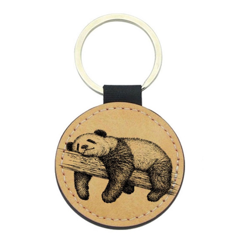 Porte-clefs cuir végan marron - Cadeau - imprimé panda