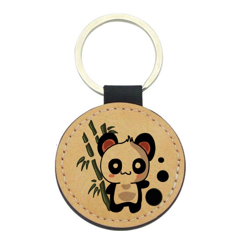 Porte-clefs cuir végan marron - Cadeau - imprimé panda