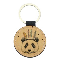 Porte-clefs cuir végan marron - Cadeau - imprimé panda indien