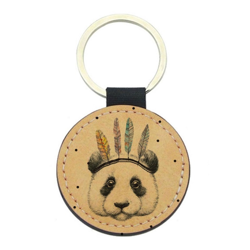 Porte-clefs cuir végan marron - Cadeau - imprimé panda indien