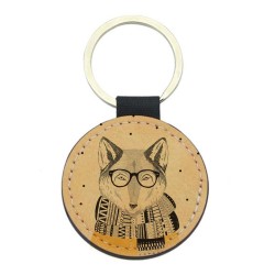 Porte-clefs cuir végan marron - Cadeau - imprimé renard