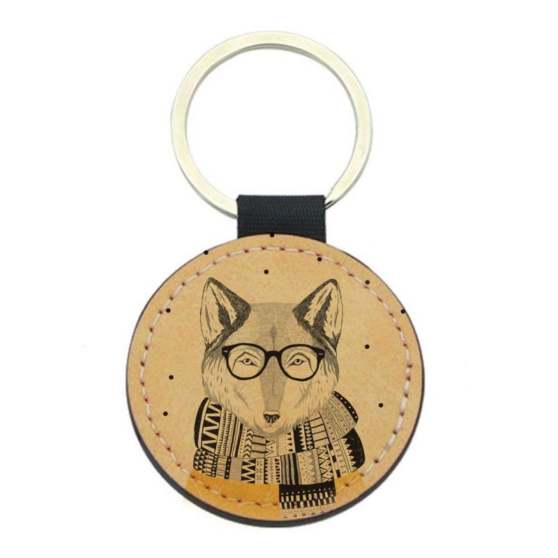Porte-clefs cuir végan marron - Cadeau - imprimé renard