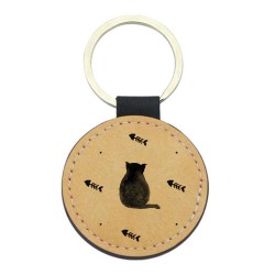 Porte-clefs cuir végan marron - Cadeau - imprimé chat