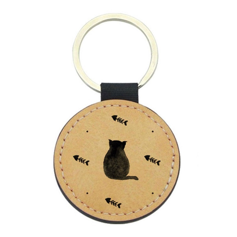 Porte-clefs cuir végan marron - Cadeau - imprimé chat