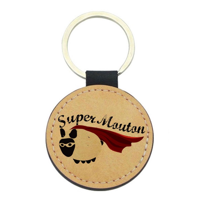 Porte-clefs cuir végan marron - Cadeau - imprimé super mouton