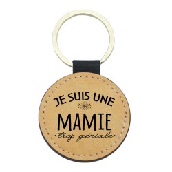Porte-clefs cuir végan marron - Cadeau fête grands mères - Imprimé en France - Citation Je suis une mamie trop géniale