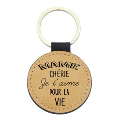 Porte-clefs cuir végan marron - Cadeau fête grands mères - Imprimé en France - mamie chérie je t'aime pour la vie