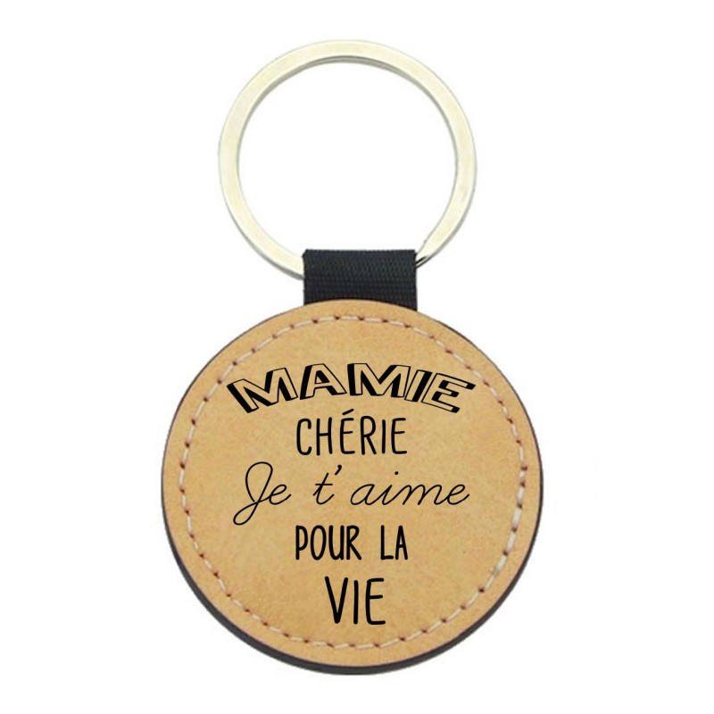 Porte-clefs cuir végan marron - Cadeau fête grands mères - Imprimé en France - mamie chérie je t'aime pour la vie