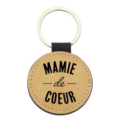 Porte-clés cuir végan marron - Cadeau fête grands mères - Imprimé en France - Citation Mamie de coeur