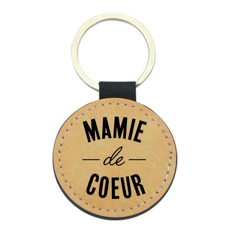 Porte-clés cuir végan marron - Cadeau fête grands mères - Imprimé en France - Citation Mamie de coeur