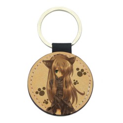 Porte-clés cuir végan marron - Cadeau - Imprimé en France - Manga fille chat