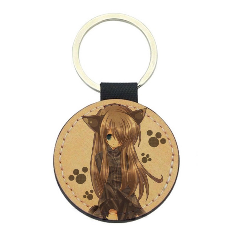 Porte-clés cuir végan marron - Cadeau - Imprimé en France - Manga fille chat