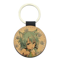 Porte-clés cuir végan marron - Cadeau - Imprimé en France - Manga fille chat