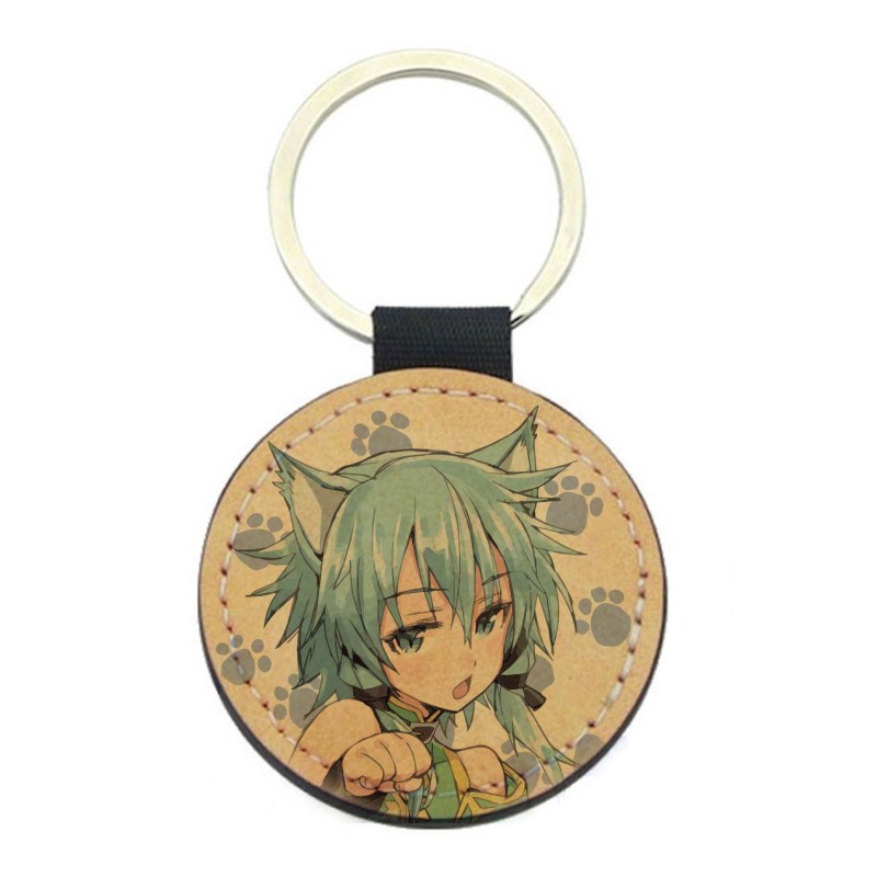 Porte-clés cuir végan marron - Cadeau - Imprimé en France - Manga fille chat