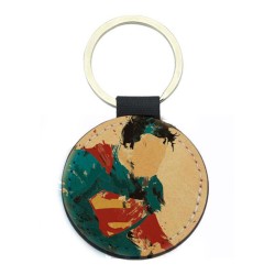 Porte-clés cuir végan marron - Cadeau - Imprimé en France - Illustration animation super héros
