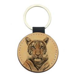 Porte-clés cuir végan marron - Cadeau - Imprimé en France - Tigre