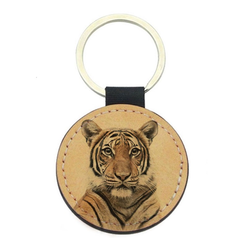 Porte-clés cuir végan marron - Cadeau - Imprimé en France - Tigre