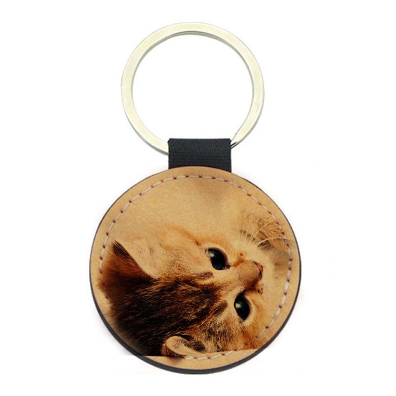 Porte-clés cuir végan marron - Cadeau - Imprimé en France - Chat