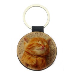 Porte-clés cuir végan marron - Cadeau - Imprimé en France - Chat