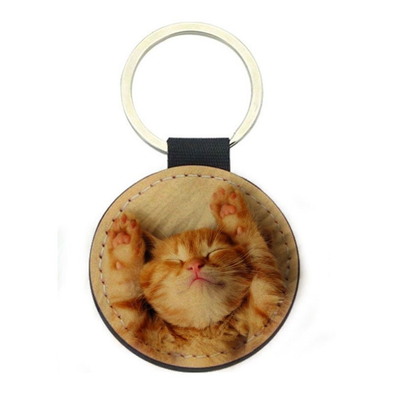 Porte-clés cuir végan marron - Cadeau - Imprimé en France - Chat