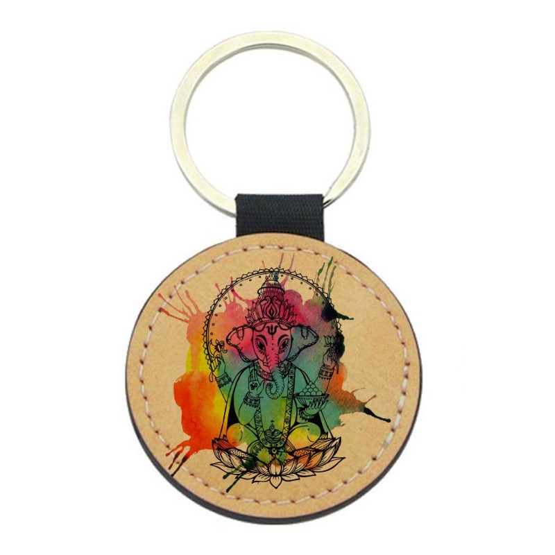 Porte-clés cuir végan marron - Cadeau - Imprimé en France - Elephant zen