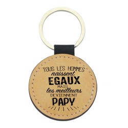 Porte-clés cuir végan marron - Cadeau - Imprimé en France - Tous les hommes naissent égaux mais les meilleurs deviennent papy