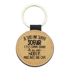 Porte-clés cuir végan marron - Cadeau - Imprimé en France - Je suis un super soeur avec une cape