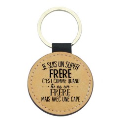 Porte-clés cuir végan marron - Cadeau - Imprimé en France - Je suis un super frère avec une cape
