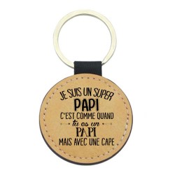 Porte-clés cuir végan marron - Cadeau - Imprimé en France - Je suis un super papi avec une cape